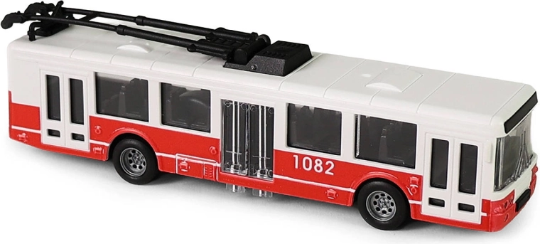 Rød trolleybus med svinghjulsmekanisme og åbnebare døre
