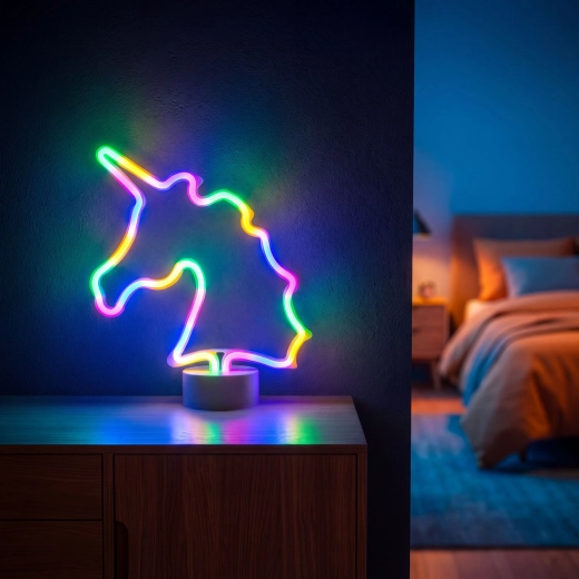 Farverig neon-LED-lampe i enhjørningefacon