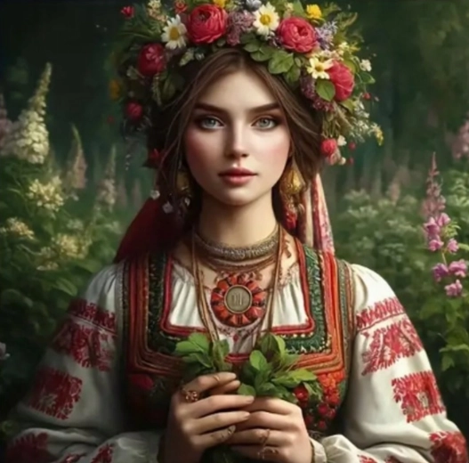 Diamantmaling – slavisk kvinde med blomster 30 × 40 cm