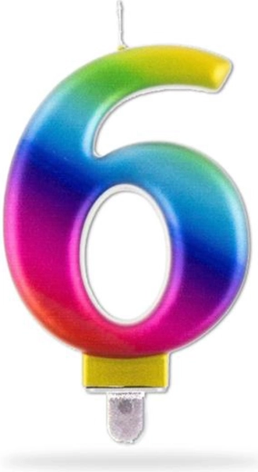 Regnbue fødselsdagslys tal 6 til kage, 7,5 cm