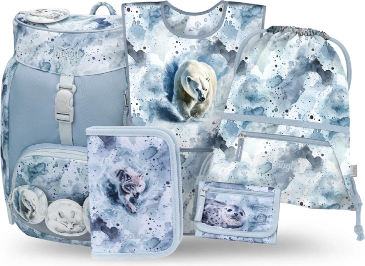 Skolesæt BAAGL Airy Polar 5 dele: rygsæk, penalhus, gymnastikpose, maleforklæde og pung af genanvendte materialer