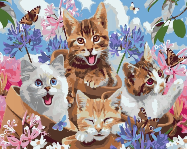 Norimpex Mal efter tal glade katte i urtepotter 40 × 50 cm