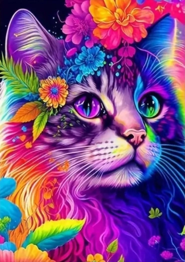 Diamantmaling farverig kat med blomster 30 × 40 cm