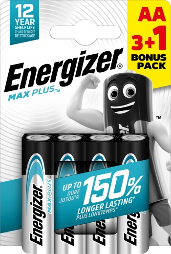 Energizer Max Plus AA alkaliske batterier 3+1 gratis, 4 stk.