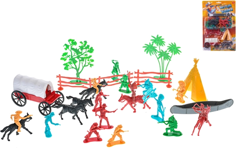 Sæt med westernfigurer med diligence og tilbehør