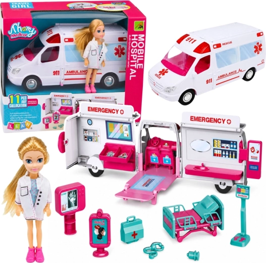 Sammenklappelig dukkeambulance med minidoktor og tilbehør (11 dele)
