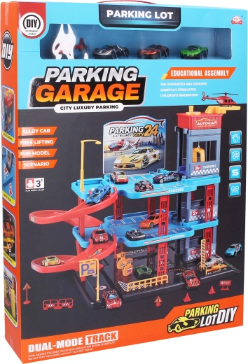 Parkeringsgarage i flere etager med elevator, 3 metalbiler og helikopter