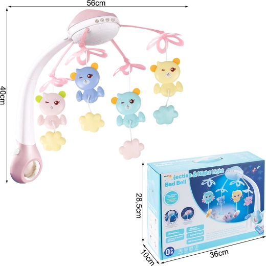 Karrusel til tremmeseng med projektor og fjernbetjening, 500 melodier