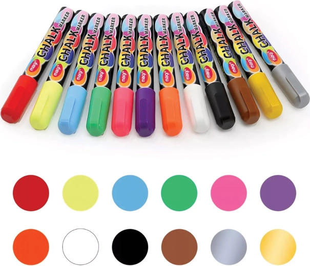 Sæt med flydende kridttusch til tavler og glas, 12 farver, 6 mm