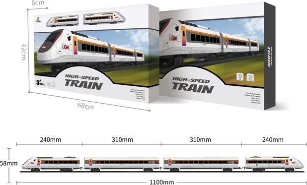 Sæt jernbane med elektrisk lokomotiv, vogne og tilbehør