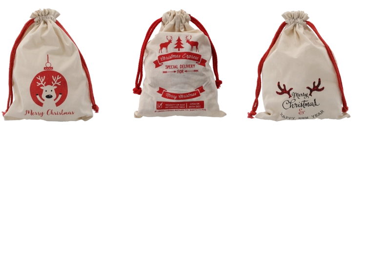 Julegavepose i bomuld 28 × 40 cm, natur, mix af mønstre (pakke med 15 stk)