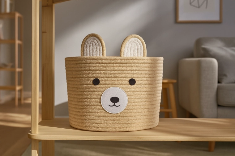 Tekstil opbevaringskurv med bamse 28 × 22 cm, beige