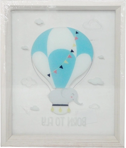 Billede med ballon og lille elefant i gennemsigtig ramme 25×30 cm
