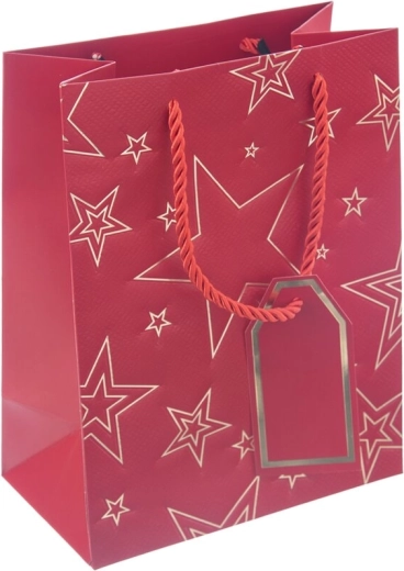 Rød gavepapirpose med stjernemotiv, 18 × 10 × 23 cm