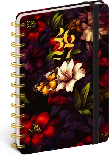 Spiralbundet 18-måneders kalender Petito – røde blomster 2026/2027, 13 × 18 cm