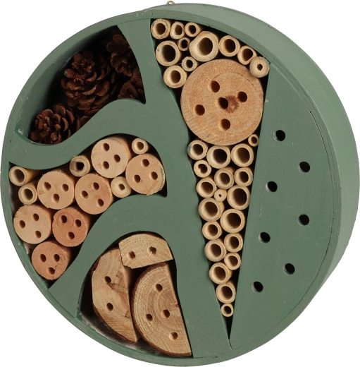 Træ insekthotel, diameter 25 cm, grå/grøn