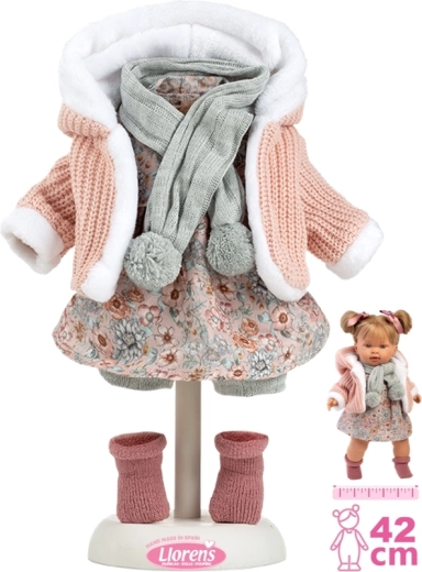 Dukkeoutfit 42 cm – lyserødt strikkesæt med halstørklæde og nederdel