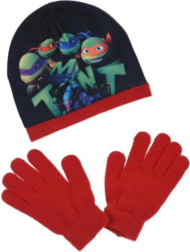 Rød hue og handsker med Ninja Turtles