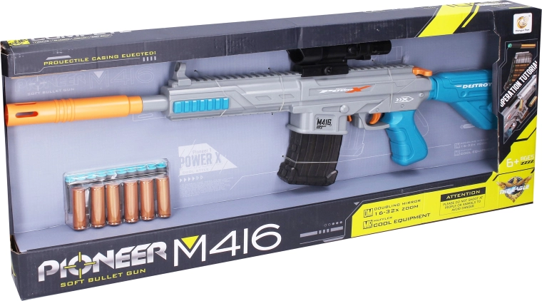 Legetøjsriffel Pioneer M416 med skumammunition og patronhylstre