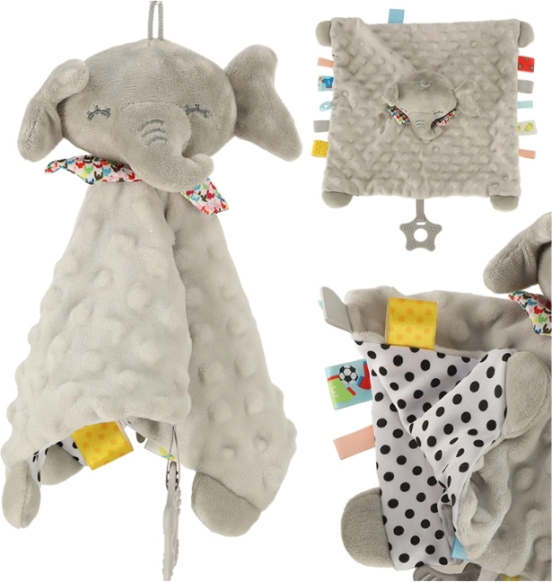 Sensorisk legetøj knitrende elefant med farverige tags