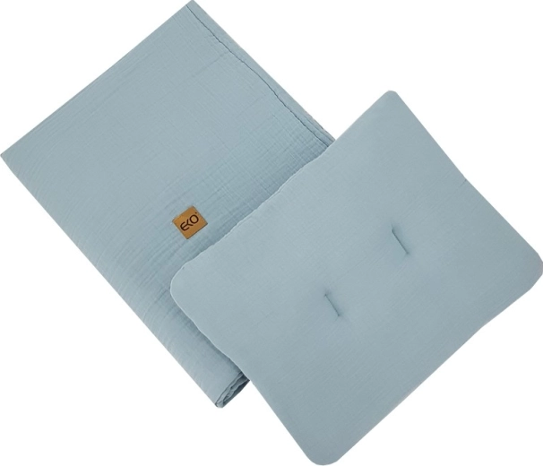 Eko musselinsengesæt til babyseng blue (pude 30 × 40 cm, dyne 75 × 100 cm)