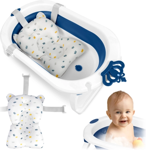 Sammenklappelig babybadekar med nyfødtindsats, hvid‑blå