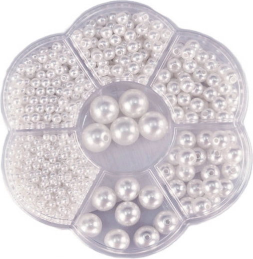 Træperler metalisk hvide i boks 1150 stk. (3–12 mm)