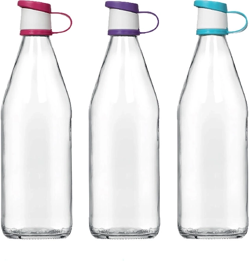 Glasflaske 1 l med plastlåg, mix af farver