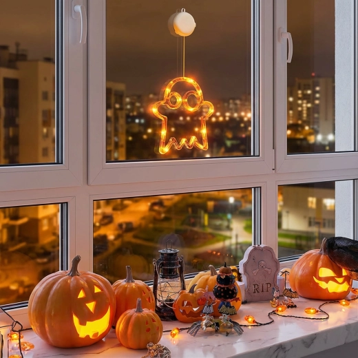 Lysende Halloween-dekoration med spøgelse, sugekop og 12 LED'er
