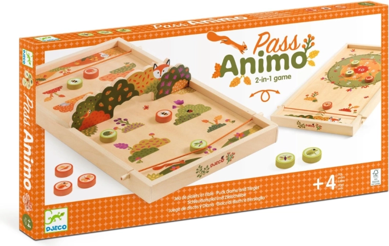 Djeco brætspil Pass Animo – dobbeltsidet træspil med airhockey/flick og fiskning af jetoner
