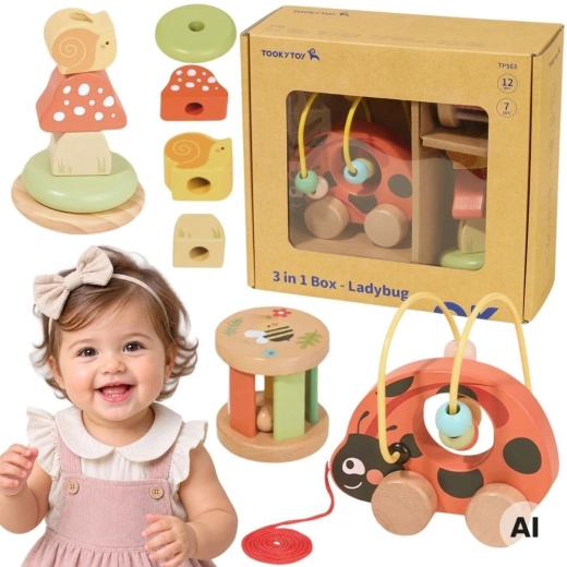Træpædagogisk sæt mariehøne 3-i-1 (8 dele) TOOKY TOY