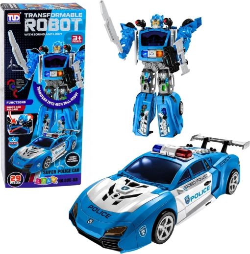Politirobot 2-i-1 med sporty politibil, lys, lyde og projektilskyder – 29 dele