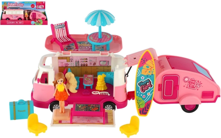 Retro autocamper med trailer og dukke