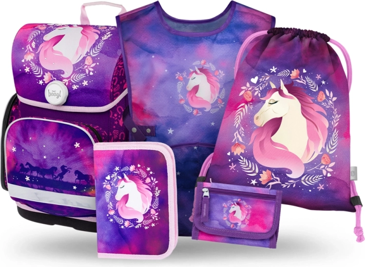 Baagl skolesæt 5 dele Ergo Hest – skoletaske, penalhus, skopose, forklæde og pung