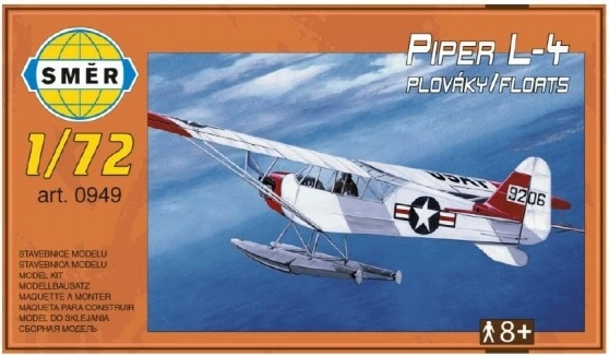 Model Piper L-4 med pontoner 1:72 14,7 x 9,3 cm i æske 25 x 14,5 x 4,5 cm