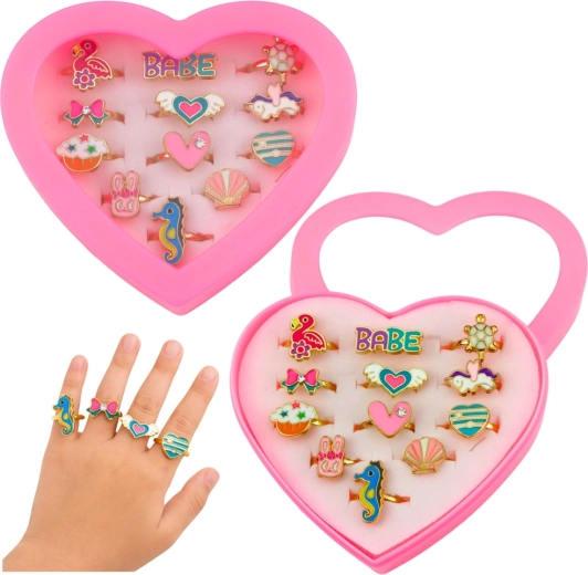 Sæt med justerbare børneringe i hjerteformet etui, 12 stk.