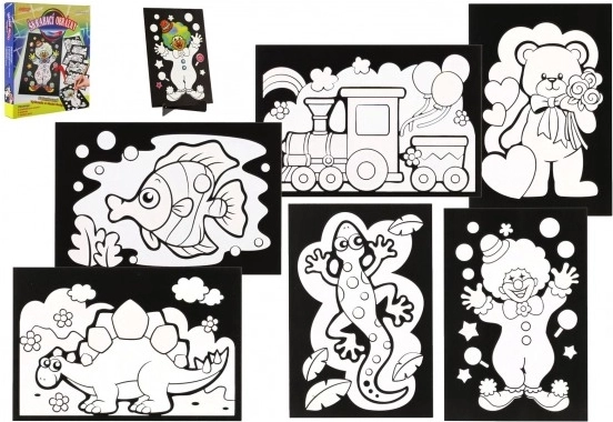 Skrabebillede 6 stk farverigt + 6 stk standere i æske 19x22x6,5 cm