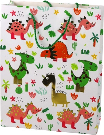 Papirgavepose med farverige dinosaurer og palmer 32 × 26 × 10 cm