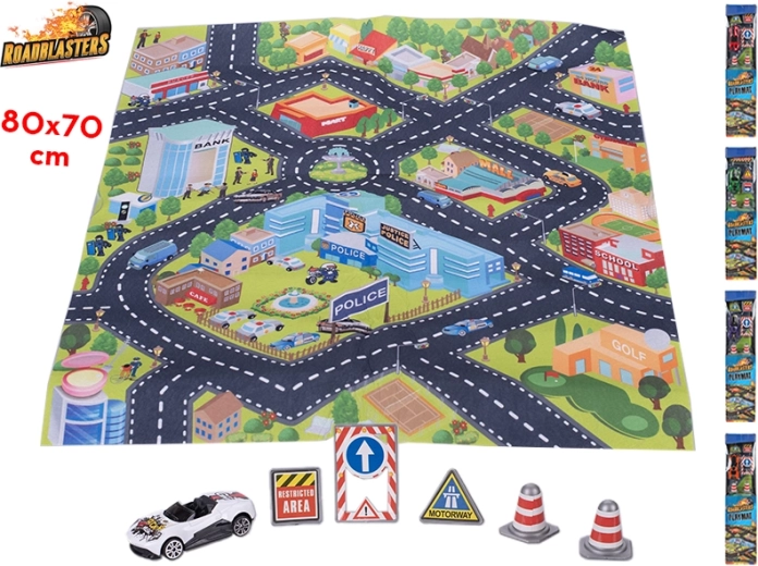 Trafiktæppe Roadblasters 80 × 70 cm med lille bil og skilte