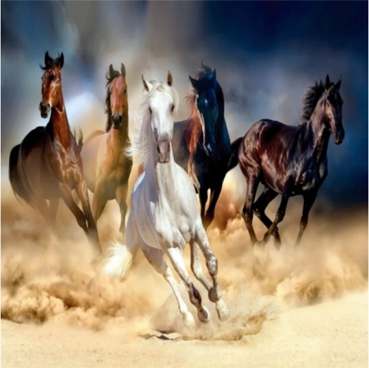 Diamantmozaik (diamond painting) flok af galoperende heste 30 × 30 cm