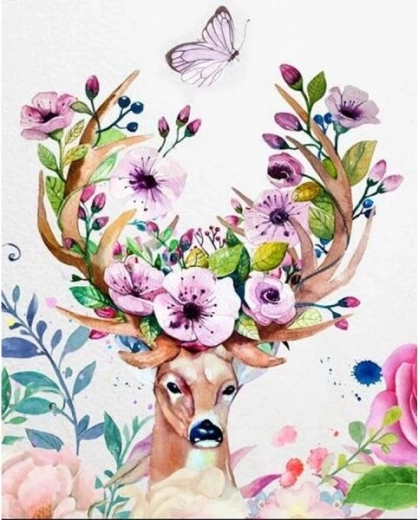 Diamantmaling – hjort med blomstergevir 30 × 40 cm