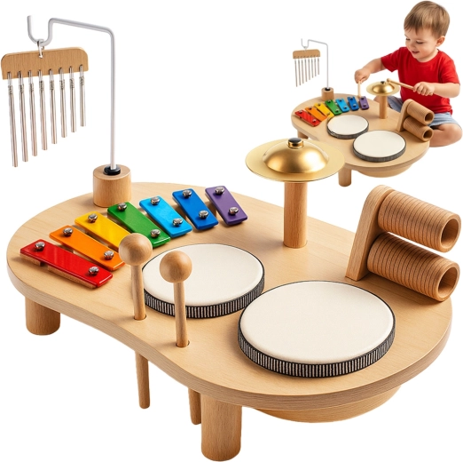 Kruzzel træmusikbord med percussioninstrumenter