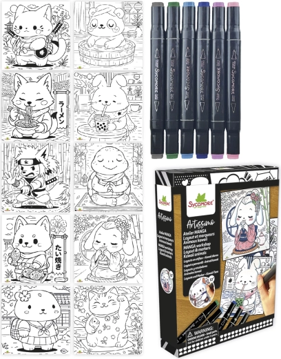 Artissimo manga kreativt sæt kawaii-dyr med 5 alkoholbaserede tuscher