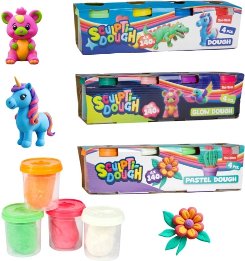 Modellervoks 4×140 g i bæger – klassisk, pastel eller selvlysende