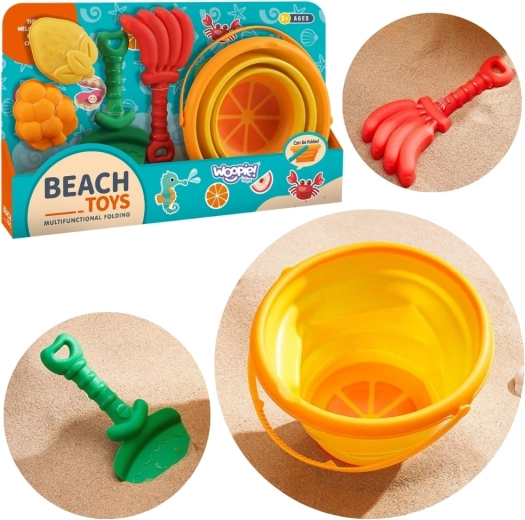 Woopie strandset til sand med tropiske frugter med sammenklappelig spand, skovl, rive og forme
