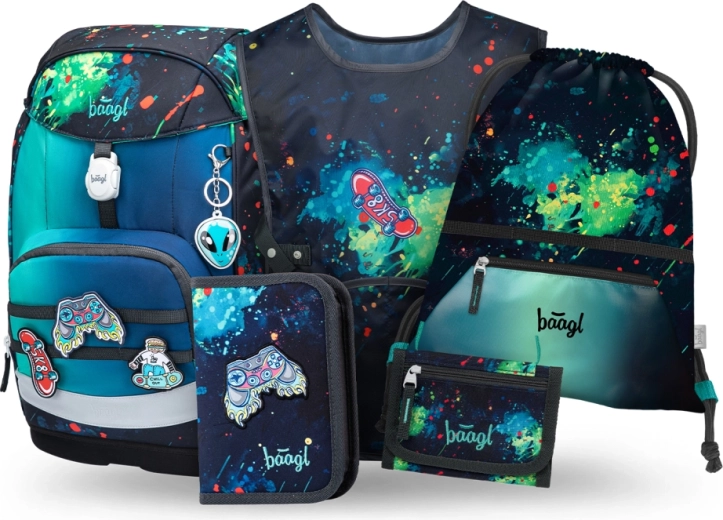 Baagl skolesæt Airy Plus Chill – rygsæk, penalhus, pose, forklæde og pung