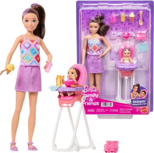 Barbie Skipper barnepasserdukke med baby og højstol