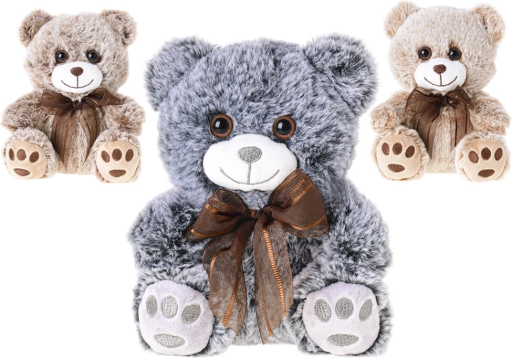 Plysjet bamse 18 cm med sløjfe, siddende, 3 farver