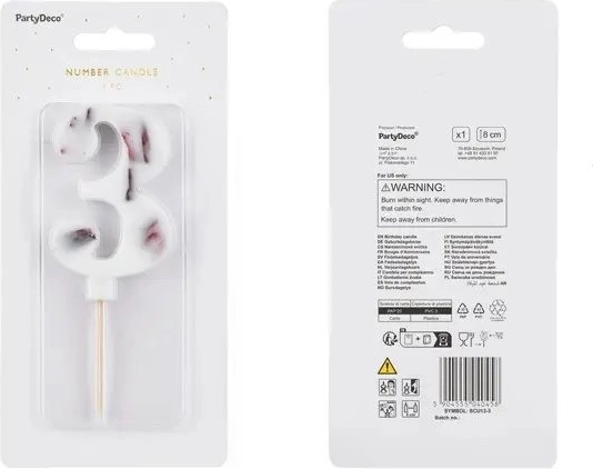 Fødselsdagslys med tallet 3, hvidt, 8 cm