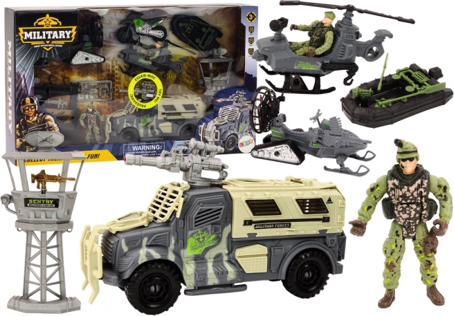 Militærsæt med kampkøretøj og helikopter